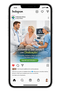 Celular mostrando um post de clínica criado e publicado automaticamente pelo GERA no Instagram