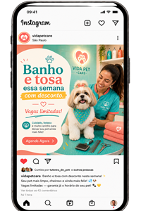 Post de promoção do GERA no Instagram de um pet shop: banho e tosa com desconto, vagas limitadas