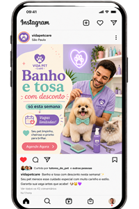 Post de humanização do GERA no Instagram de um pet shop: pet feliz após banho e tosa