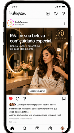 Celular mostrando um post de salão de beleza publicado automaticamente pelo GERA no Instagram